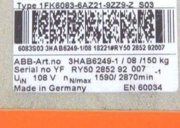 3HAB6249-1 Servo Motor 108V Uin 305 Pounds Exchange Spare Parts 2163W