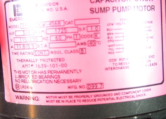 C63CXGKW-4568 EMERSON Capacitor Start Sump Pump Motor  60 Hz 115 V  230 V