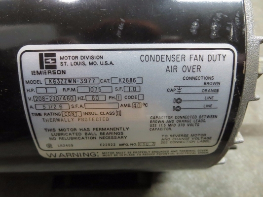 K63ZZWN-3977 EMERSON Single Phase AC Motor 1 HP 60 Hz 1075 RPM