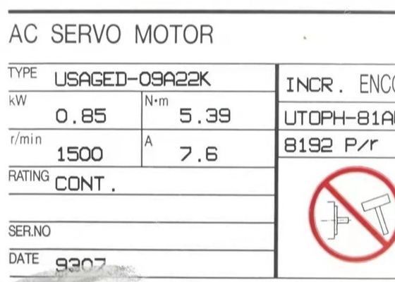 Yaskawa USAGED-09A22K AC Servo Motor with Incremental Encoder 1500 RPM